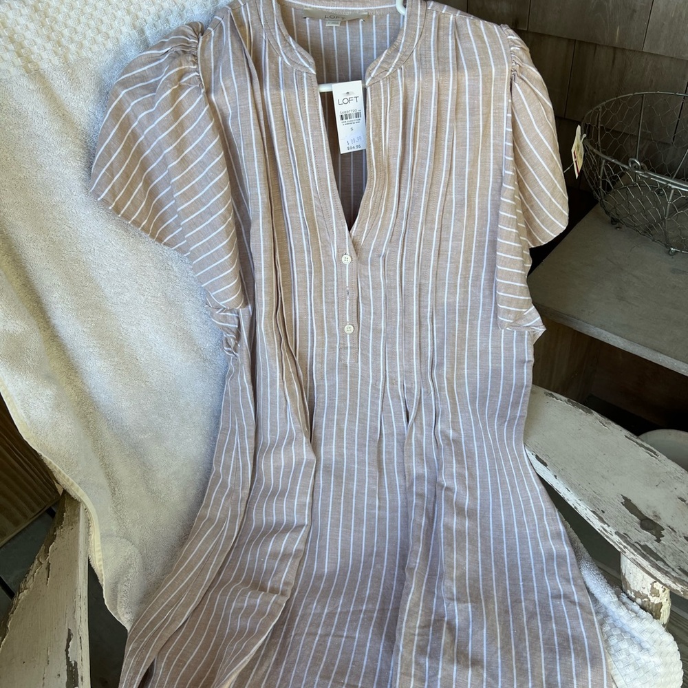 LOFT Beige and White Striped Dress